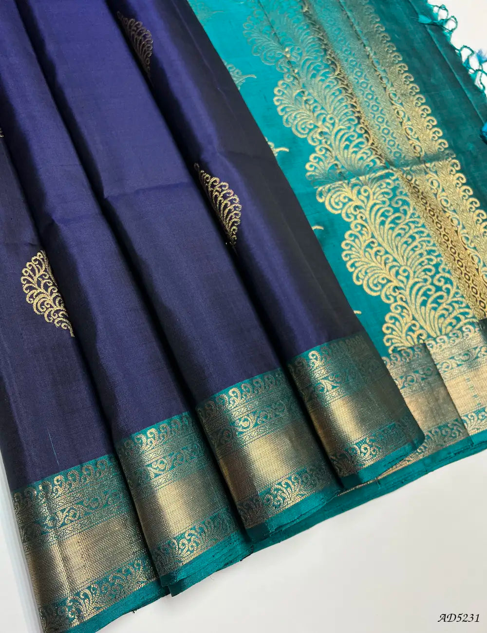 Ink Blue & Rama Blue - Kanchi Border Soft Silk Saree Front View