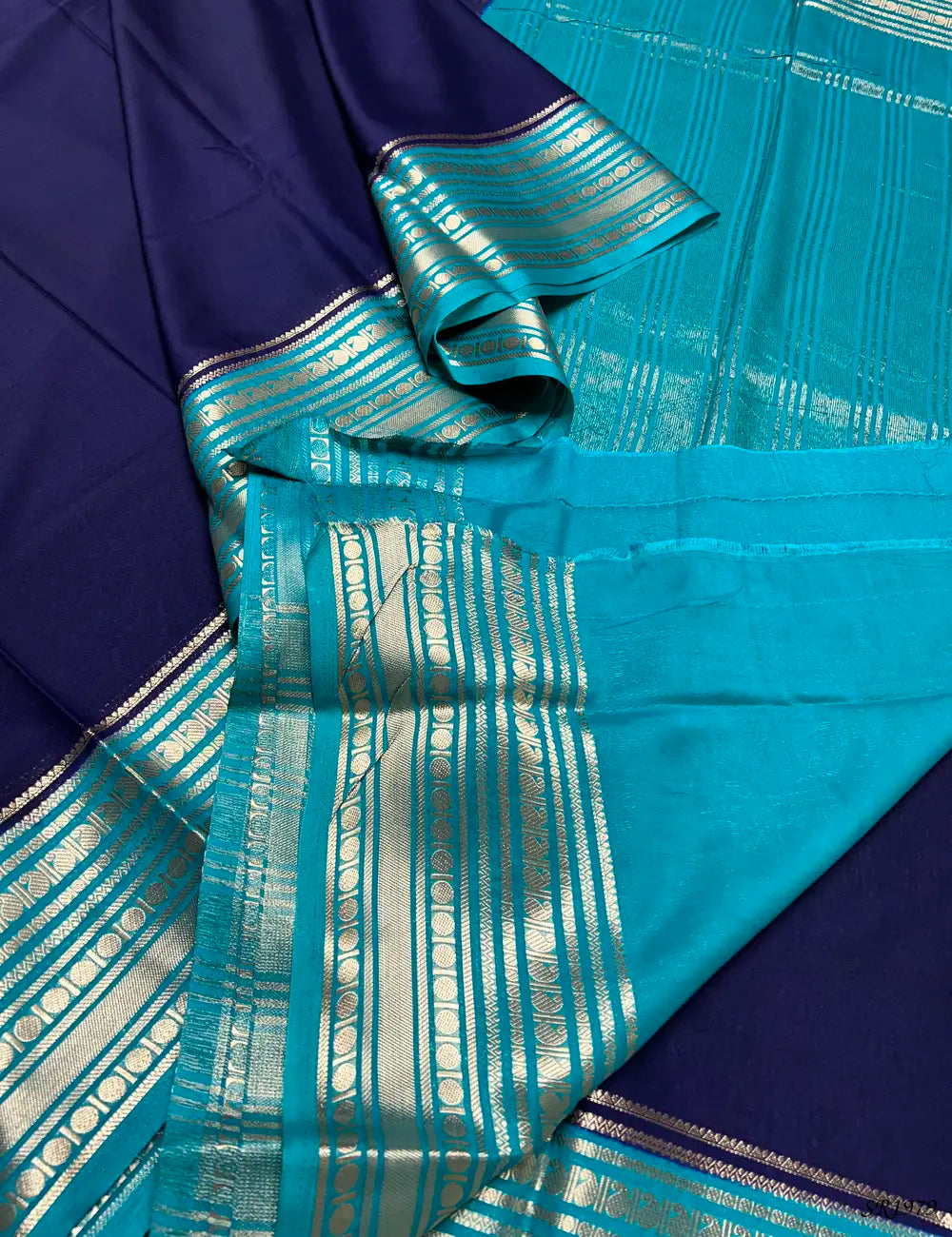 Ink Blue & Rama Blue - Mysore Crepe Saree -