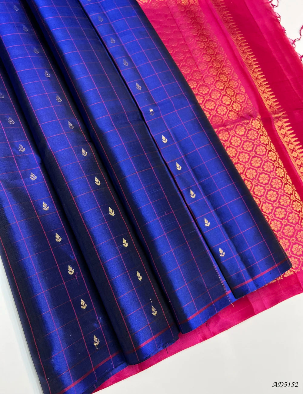 Ink Blue & Rani Pink - Checkerd Soft Silk Saree Front View