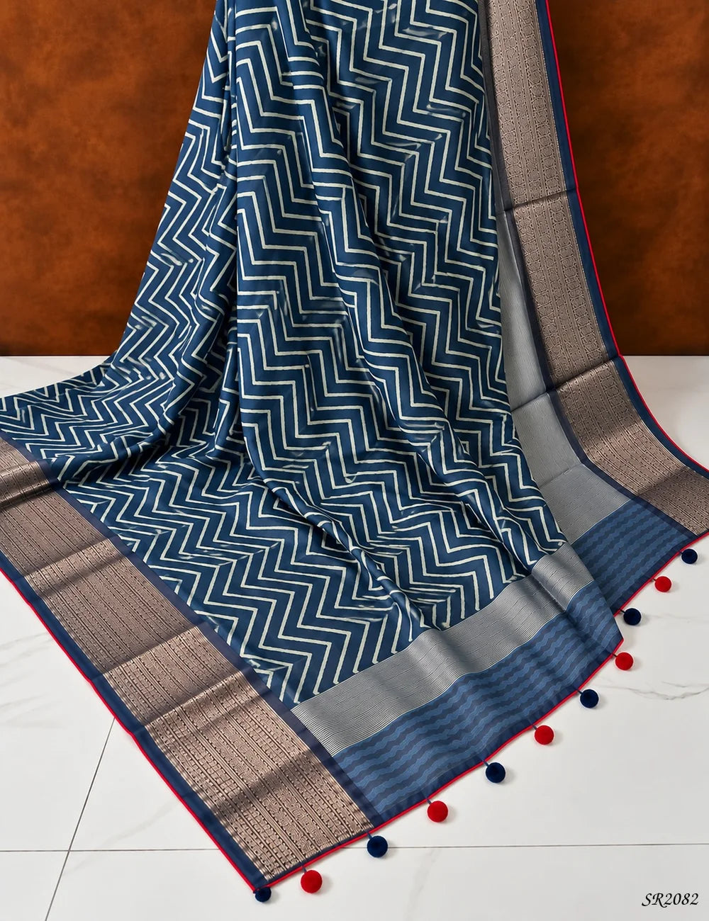 Ink Blue & Red - Pure Chanderi Saree -