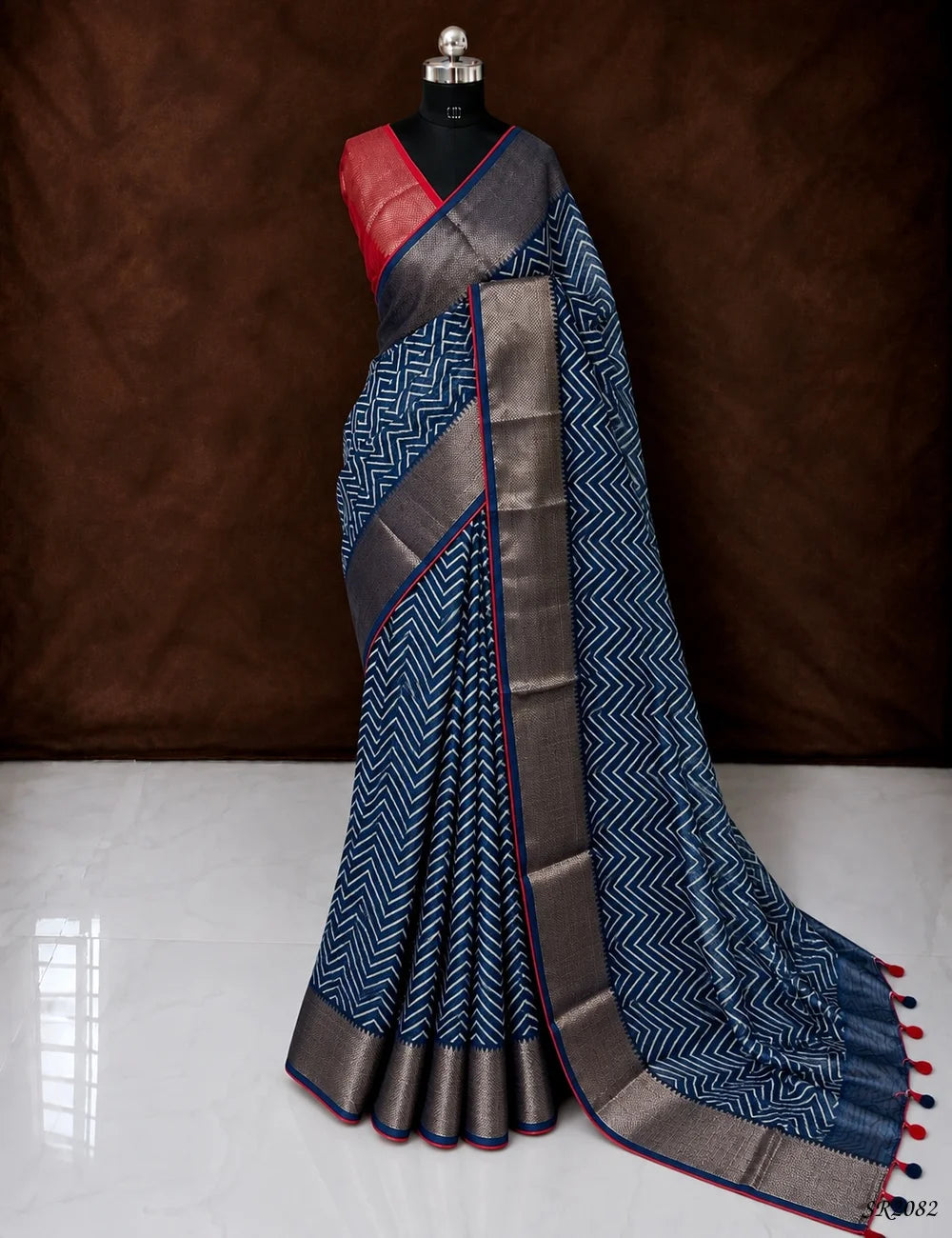 Ink Blue & Red - Pure Chanderi Saree Front View