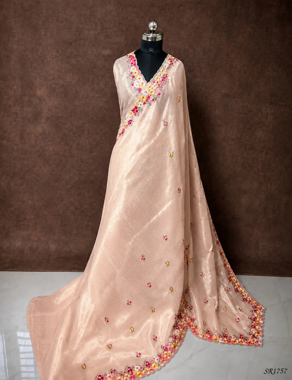 Ivory - Embroidered Semi Tussar Saree Front View