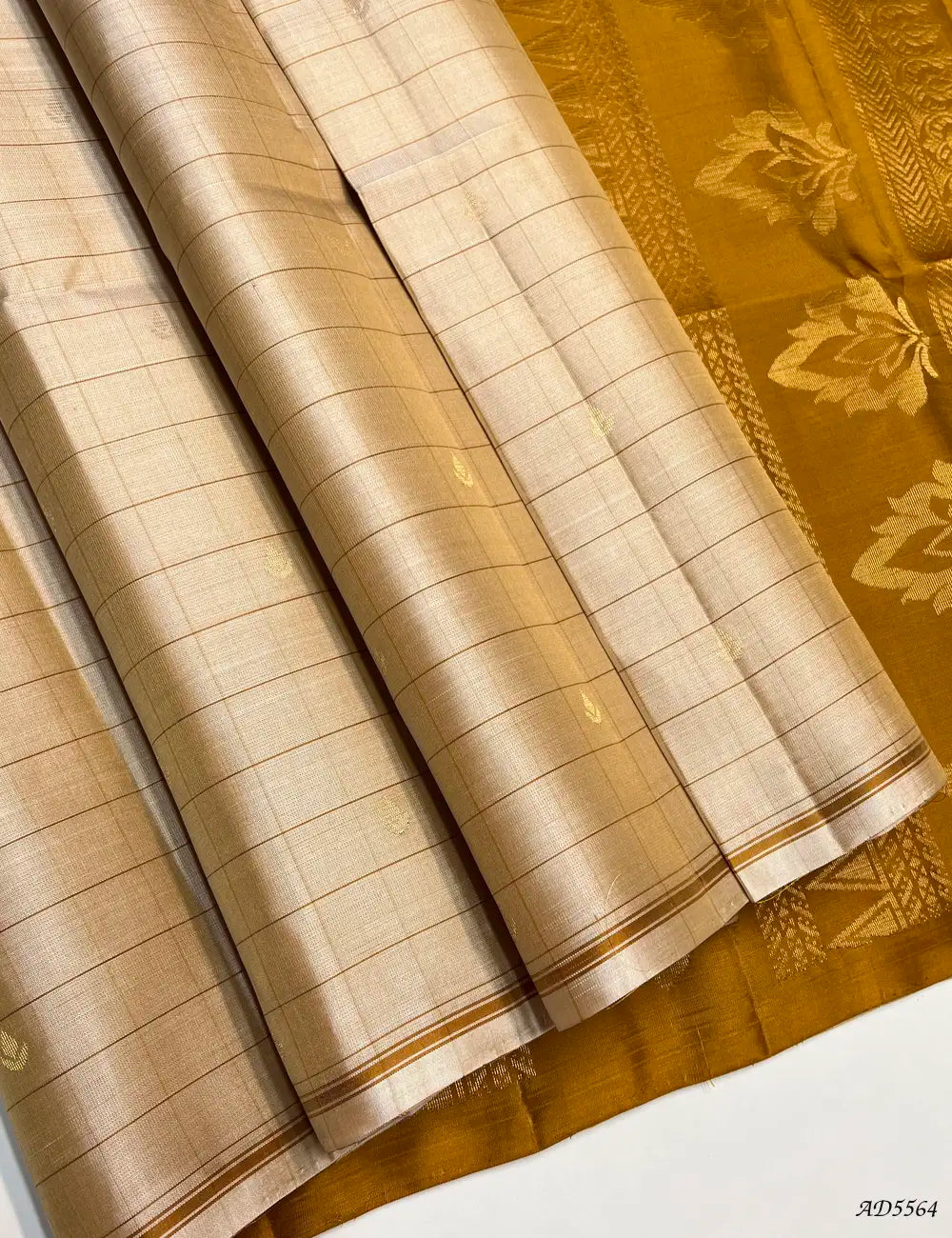 Ivory & Mustard - Checkerd Soft Silk Saree Front View