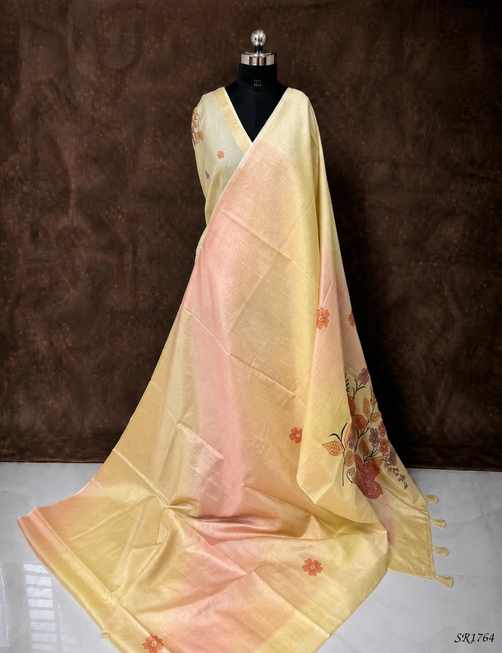 Ivory - Tissue Linen with Applique Work Saree Front View