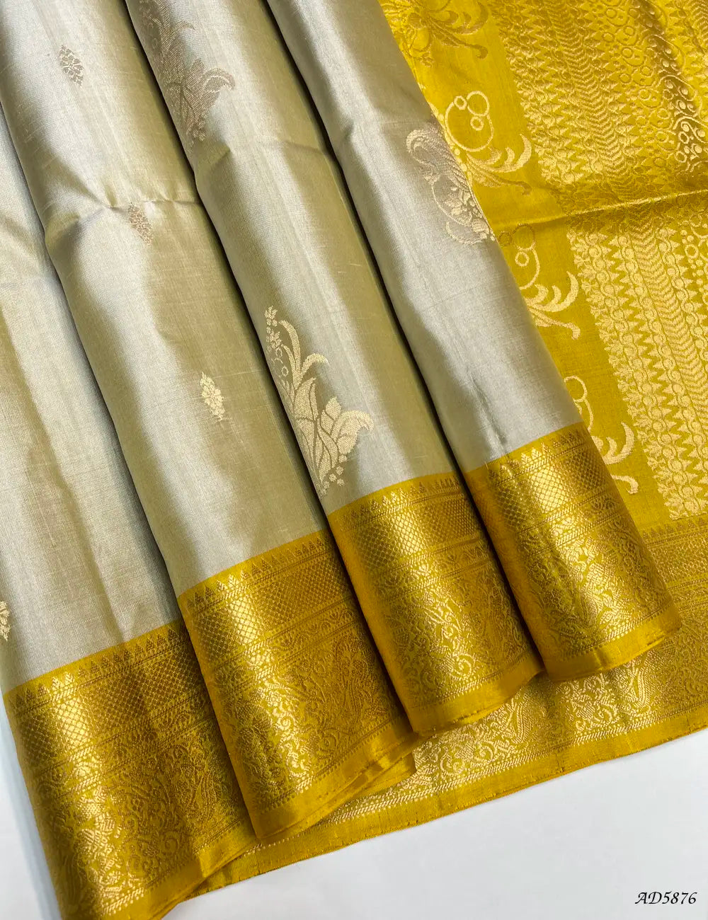 Ivory & Yellow - Kanchi Border Soft Silk Saree Front View