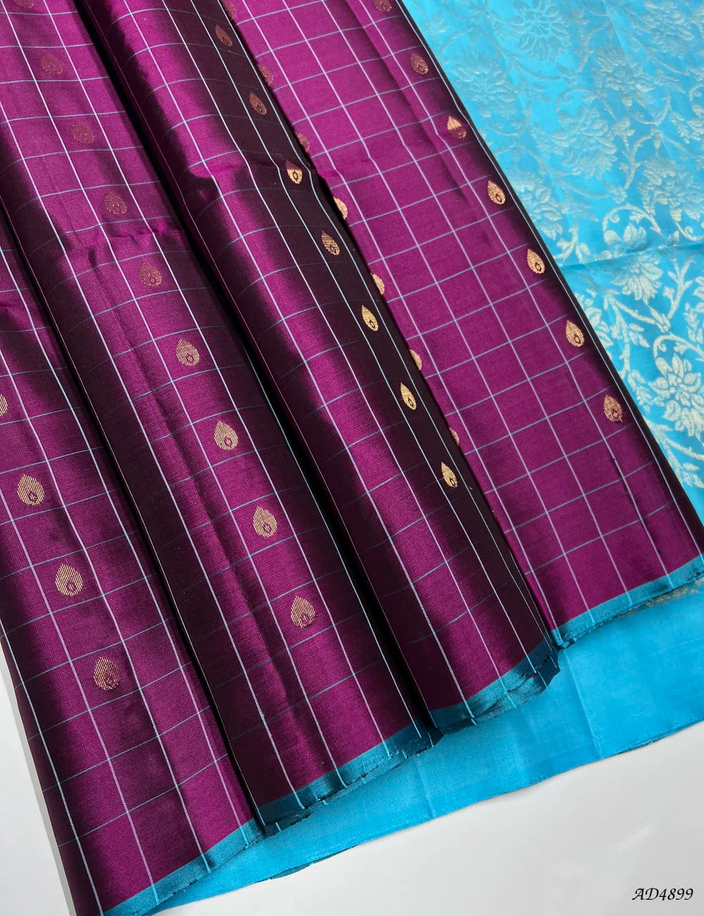 Jam & Sky Blue - Checkerd Soft Silk Saree Front View