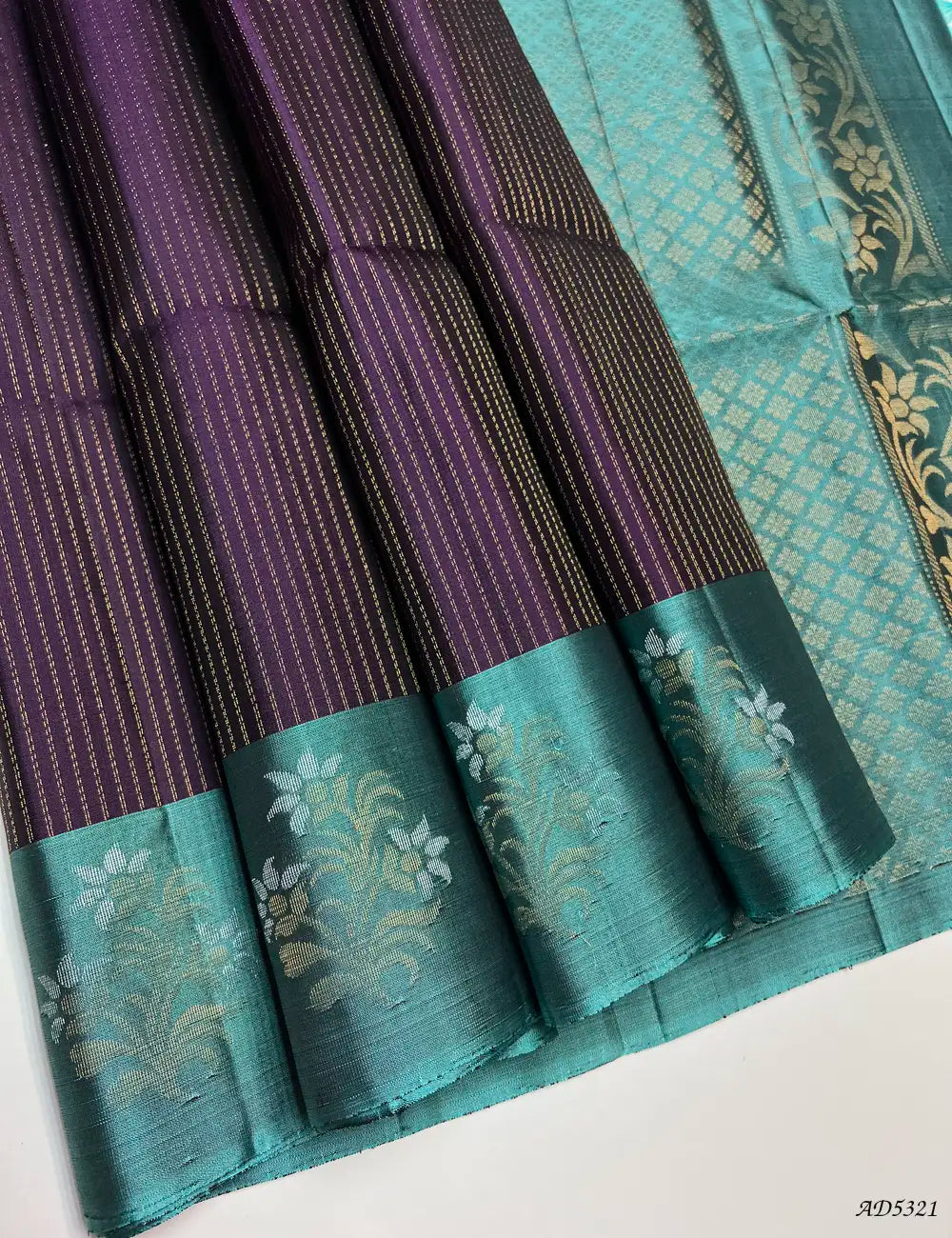Jamun & Cadet Blue - Fancy Border Soft Silk Saree Front View