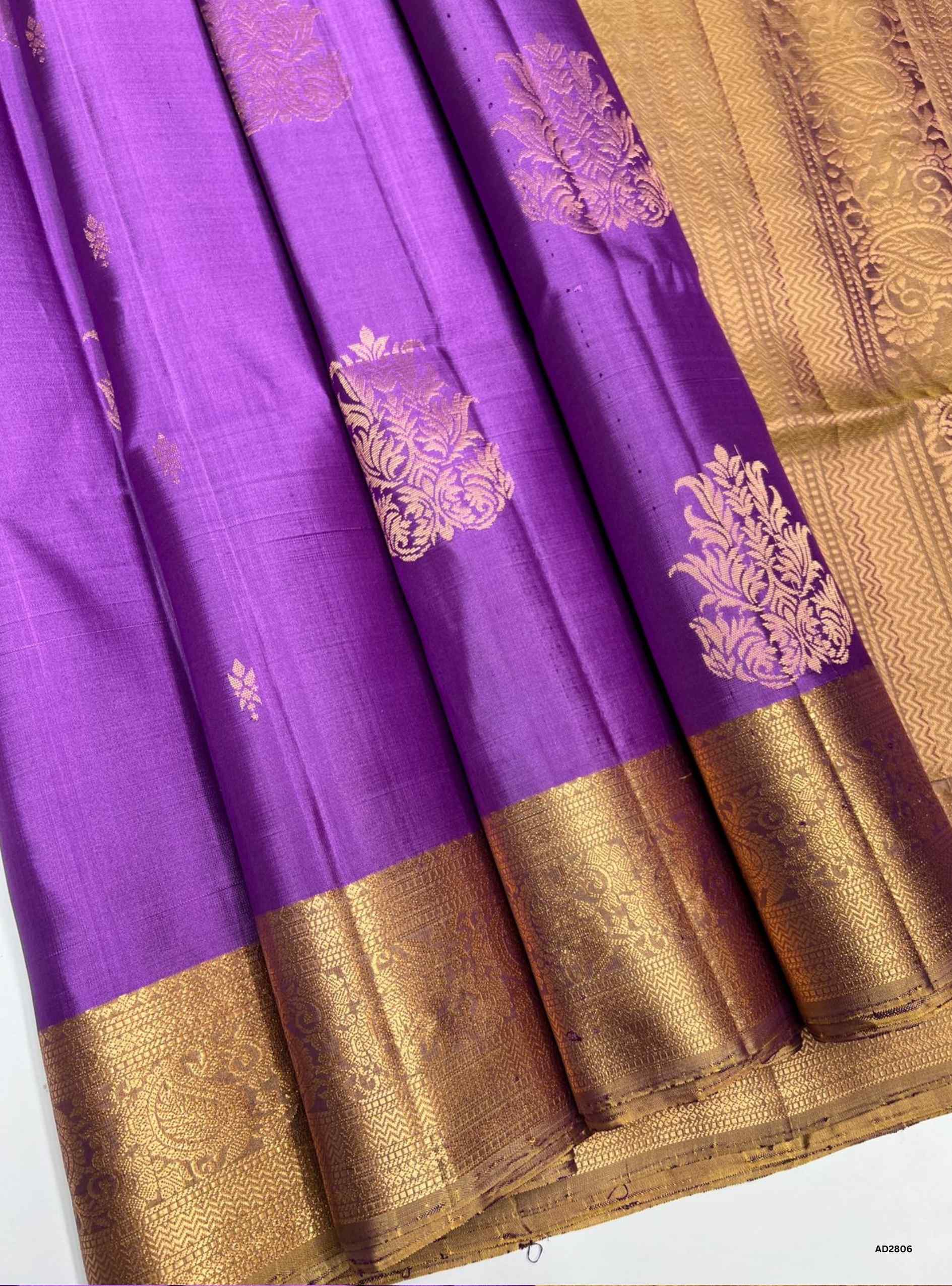 Soft Silk Saree in Lavender body with Dark Gold pallu, Jacquard border design, Half Fine Gold Zari, Ikat handwoven motifs, 6.25m length including blouse.