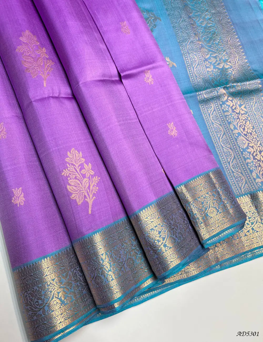 Lavender & Rama Blue - Kanchi Border Soft Silk Saree Front View