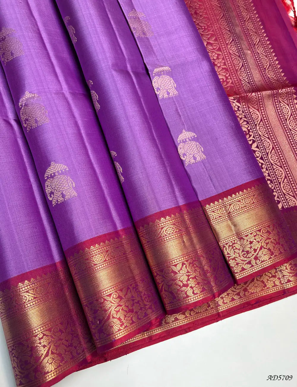 Lavender & Red - Kanchi Border Soft Silk Saree Front View