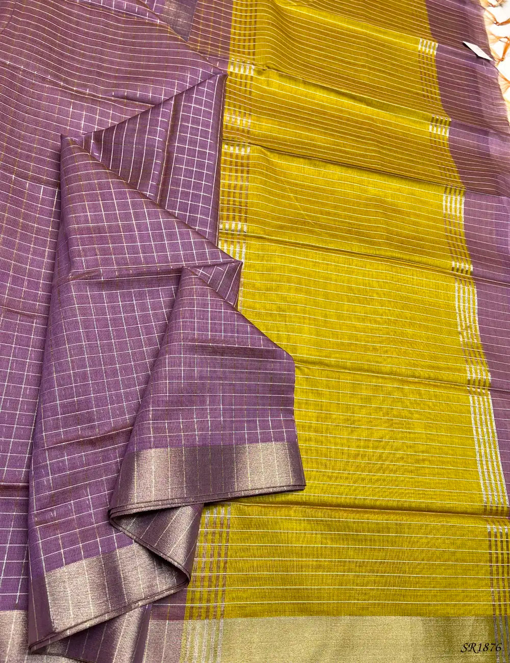 Lavender & Yellow  - Fancy Semi Tussar Saree Front View