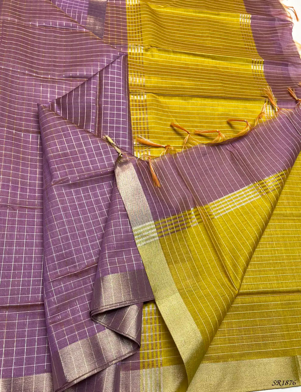 Lavender & Yellow  - Fancy Semi Tussar Saree Pallu View