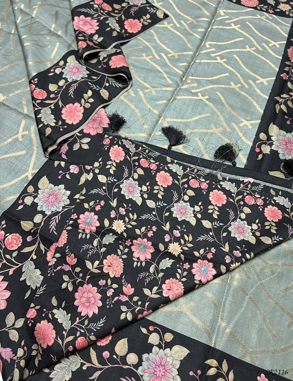 Light Blue & Black - Tussar X Kalamkari Saree -