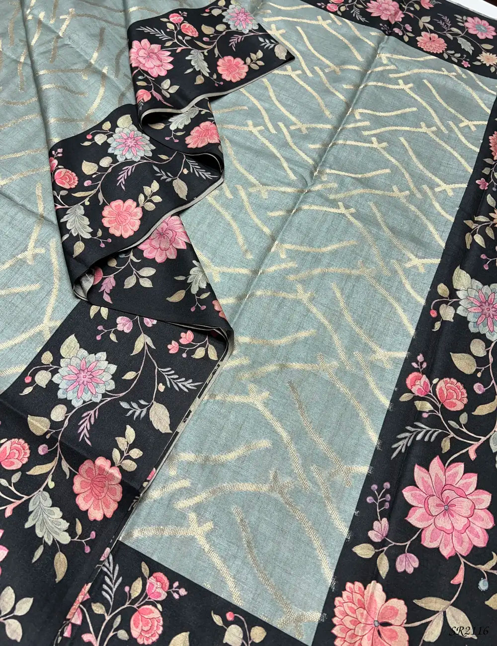 Light Blue & Black - Tussar X Kalamkari Saree Pallu View