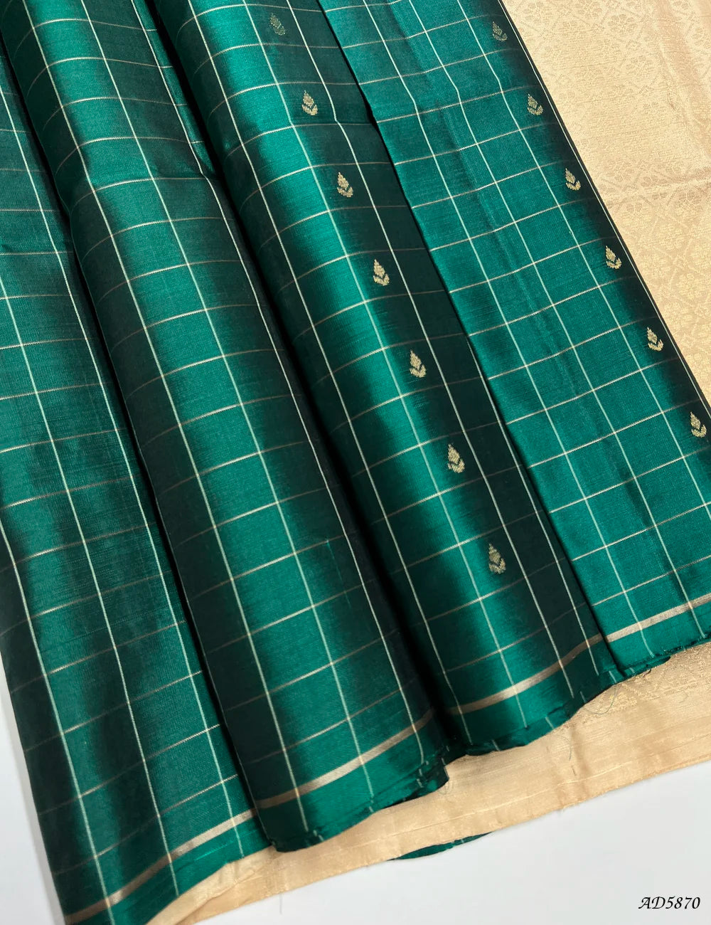 Light Green & Beige - Checkerd Soft Silk Saree Front View