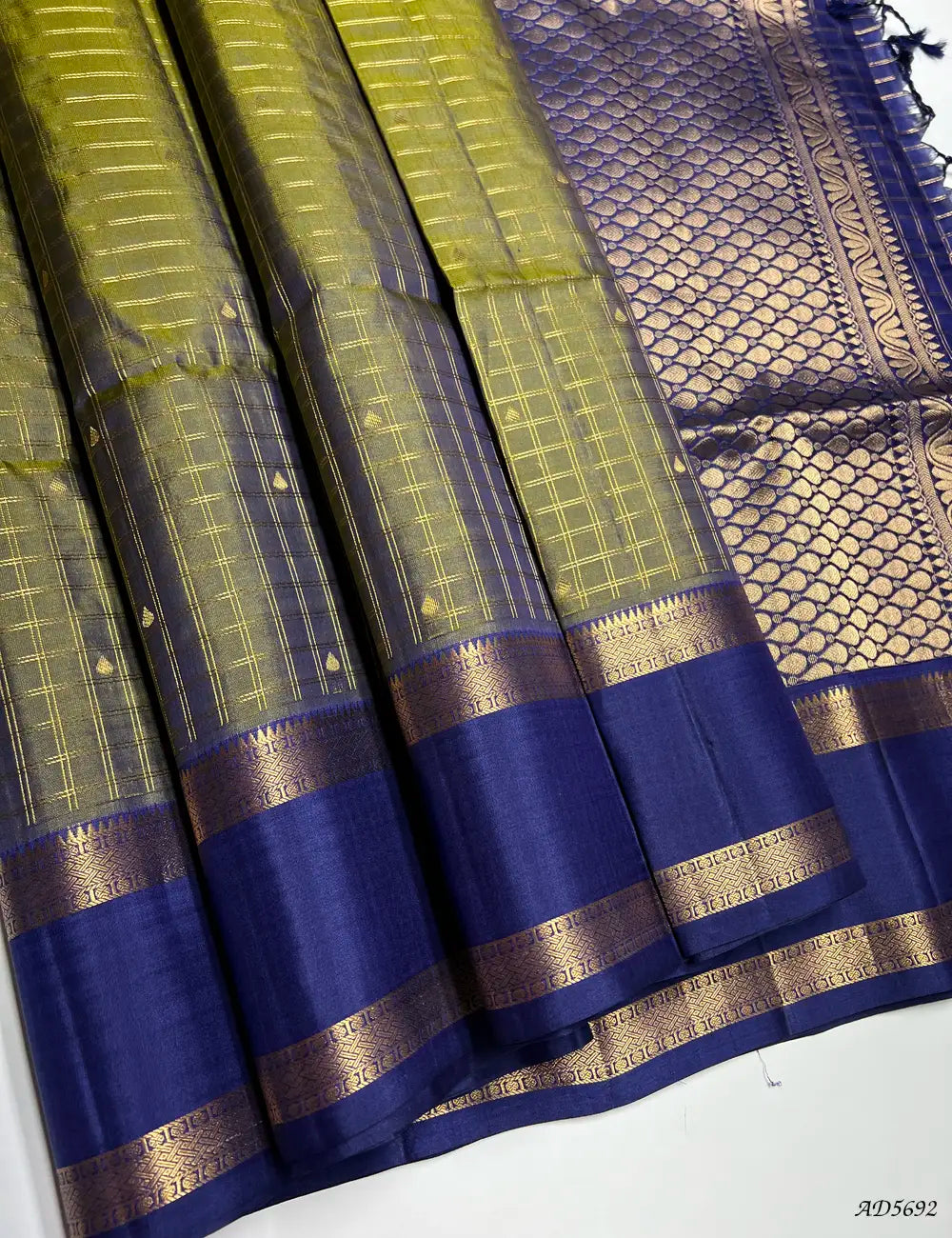 Light Olive Green & Ink Blue -  Checkerd Retta Pet Border Soft Silk Saree Front View