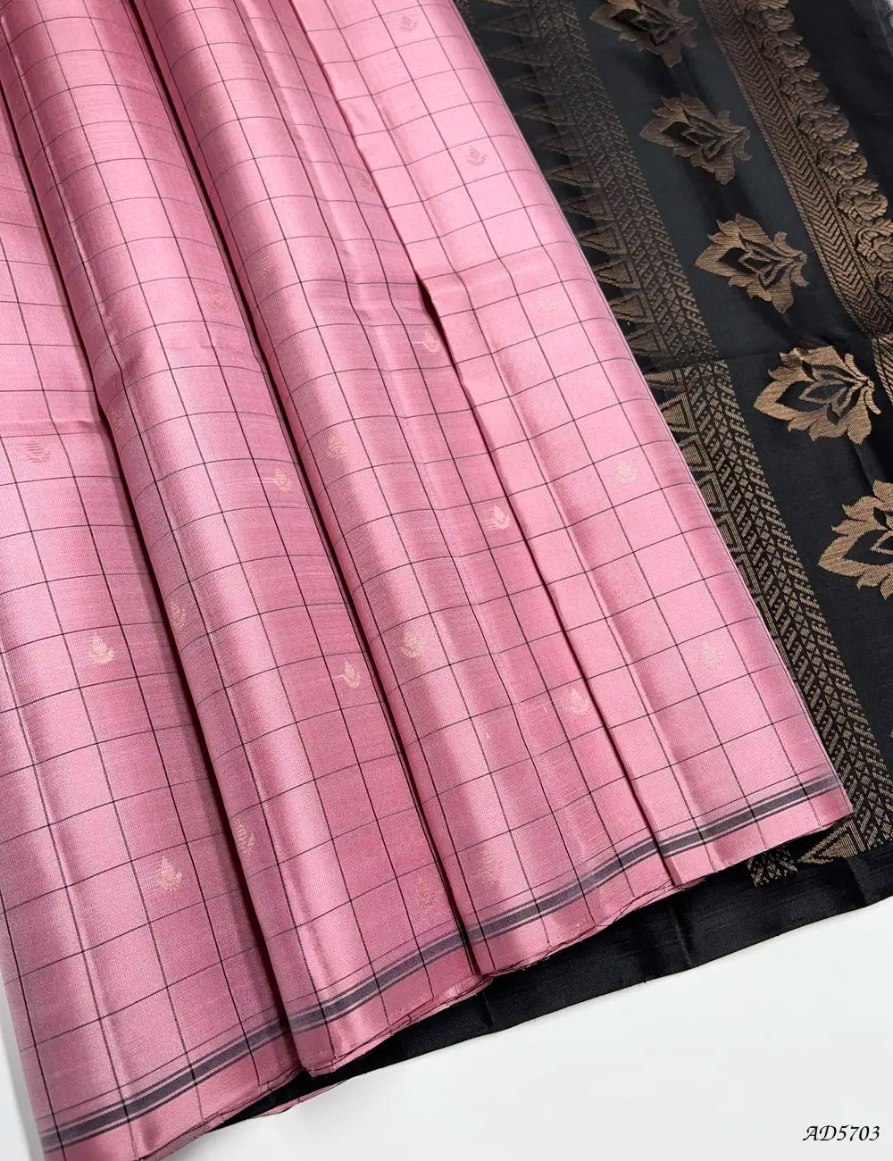 Light Paneer Rose & Black - Checkered Soft Silk Saree Front View