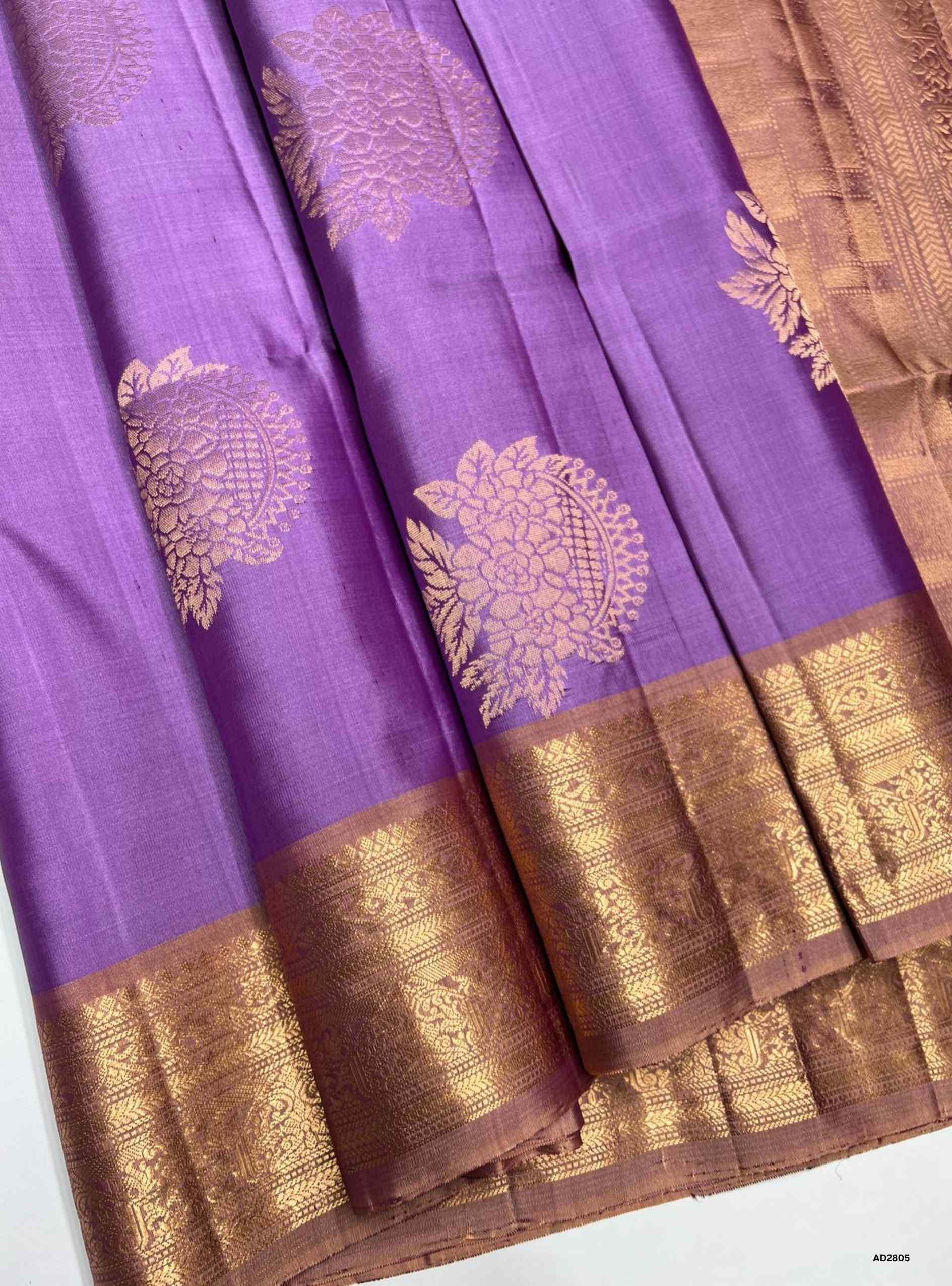 Soft Silk Saree in Lilac body with Dark Peach pallu, Jacquard border design, Half Fine Gold Zari, Ikat handwoven motifs, 6.25m length including blouse.