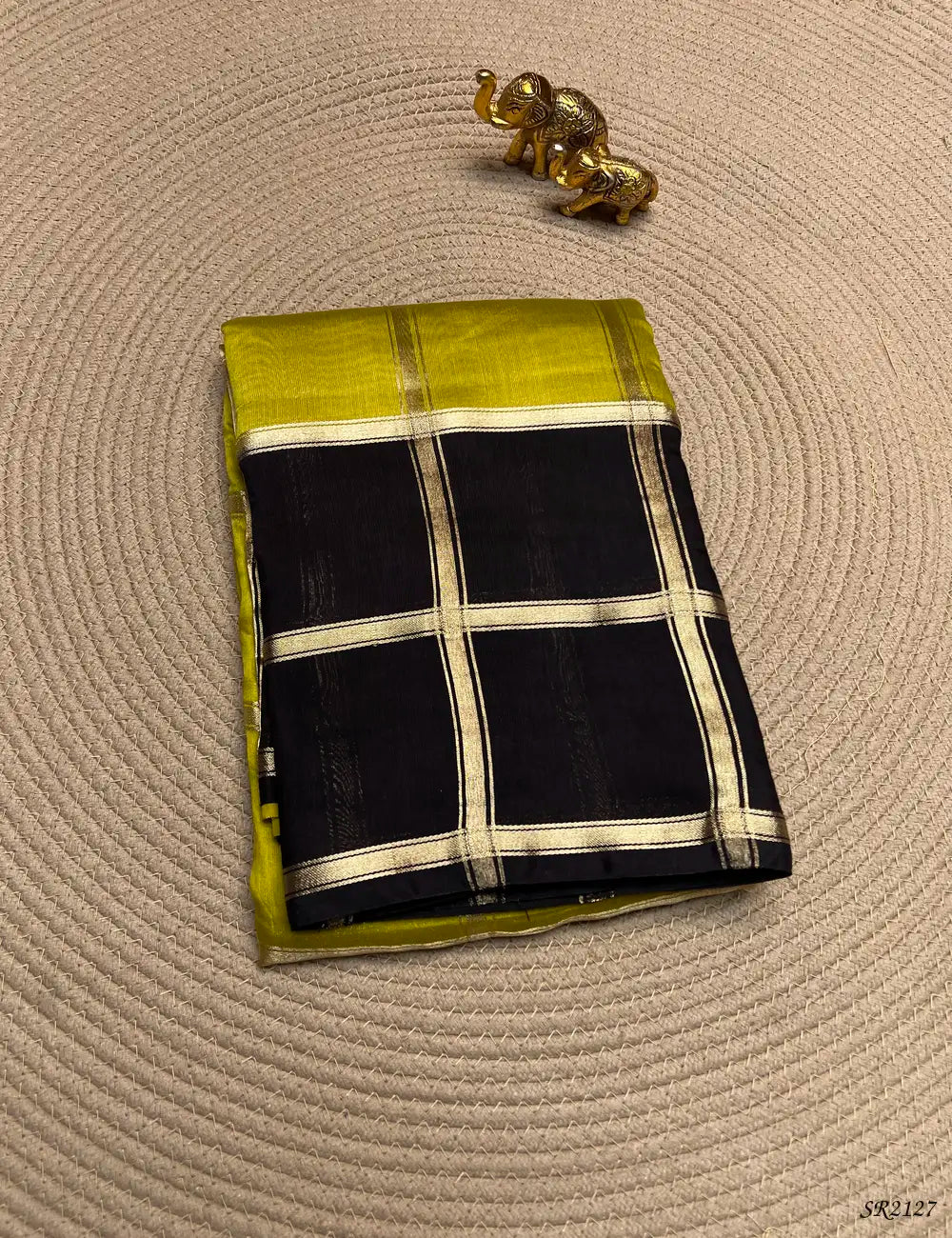Lime Green & Black - Assam Silk Saree Front View