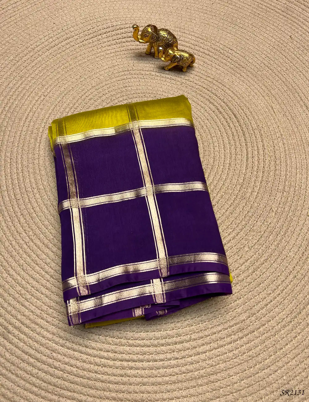 Lime Green & Purple- Assam Silk Saree Front View