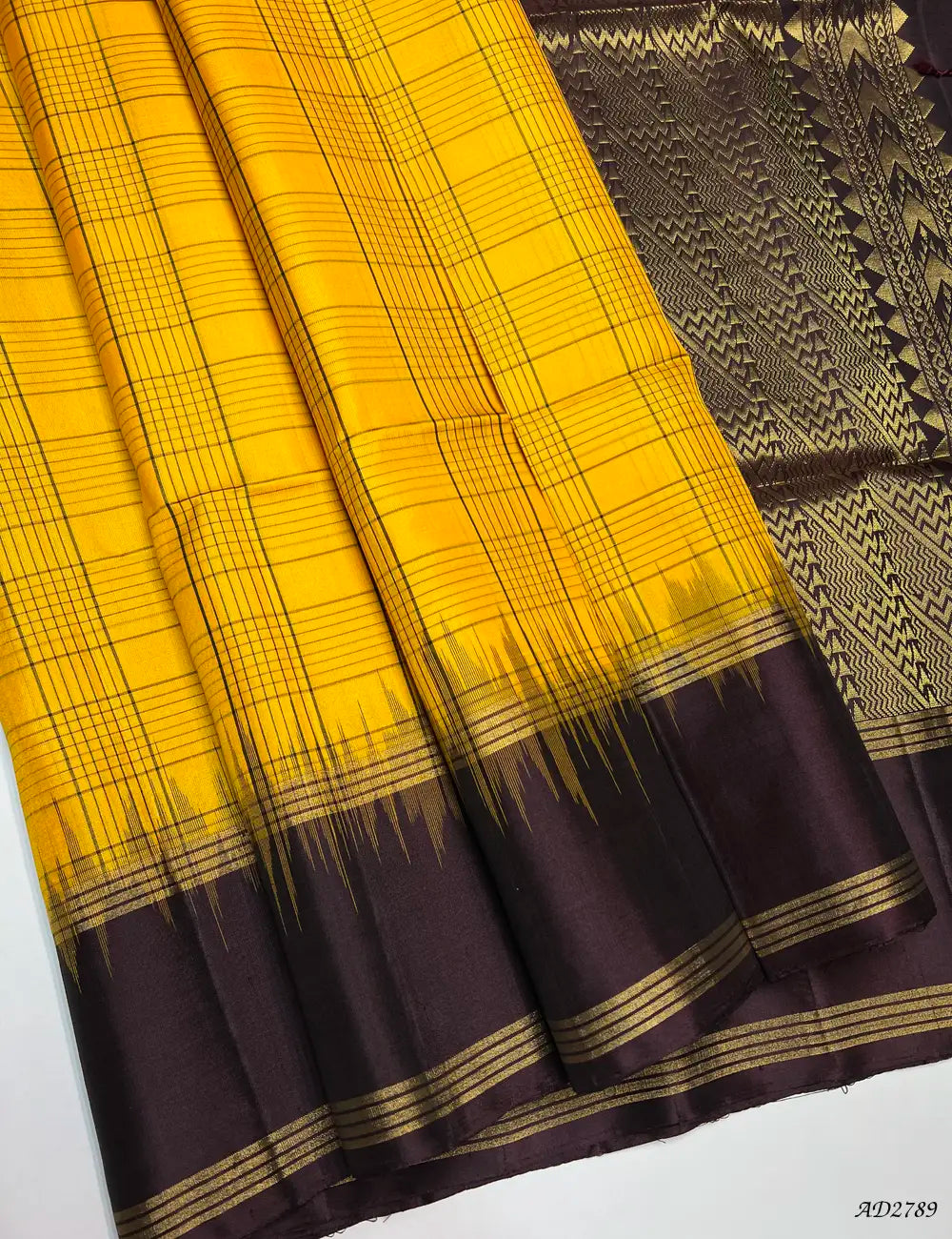 Lime Yellow & Coffee Brown - Soft Silk Saree Front View