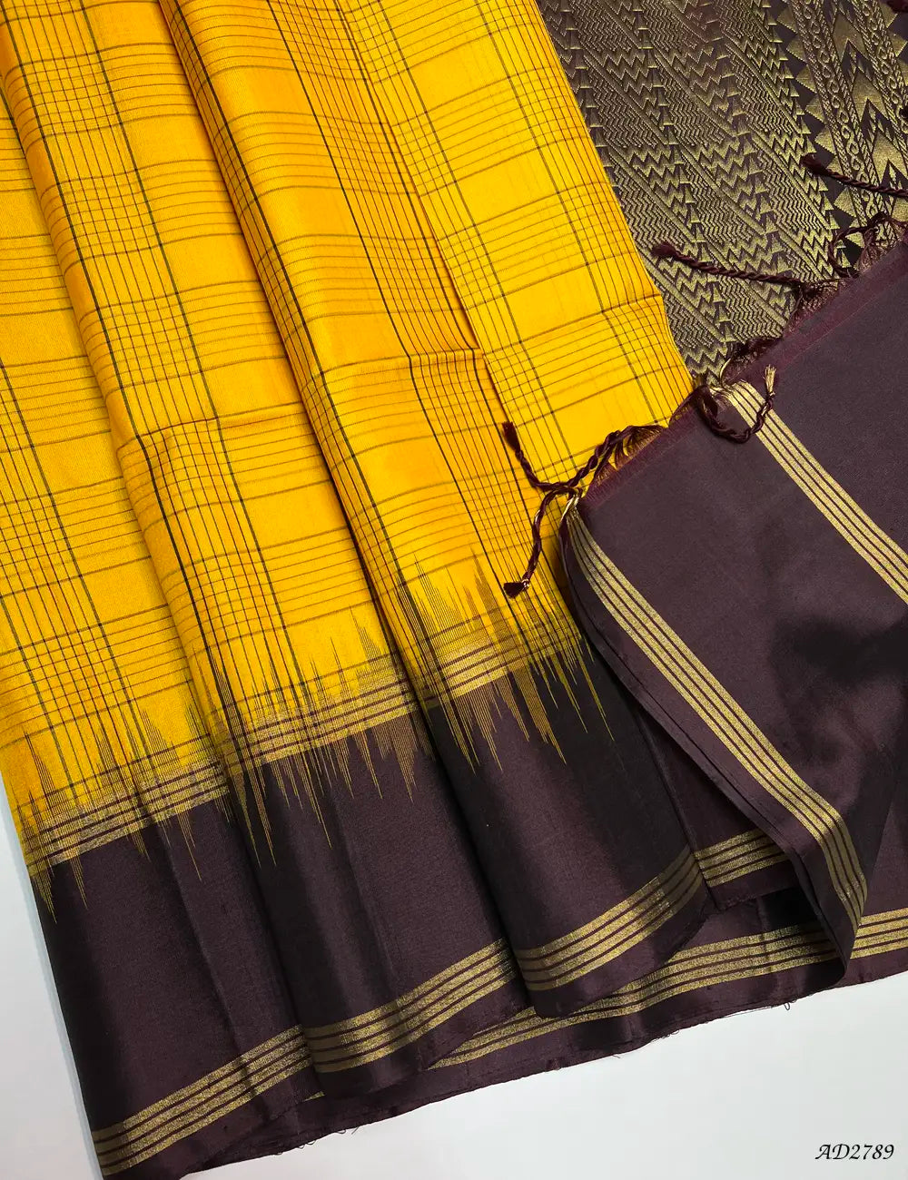 Lime Yellow & Coffee Brown - Soft Silk Saree Pallu View