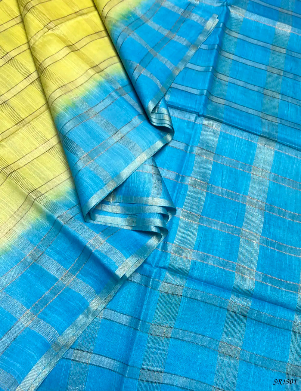 Lime Yellow & Sky Blue - Semi Tussar Saree Front View