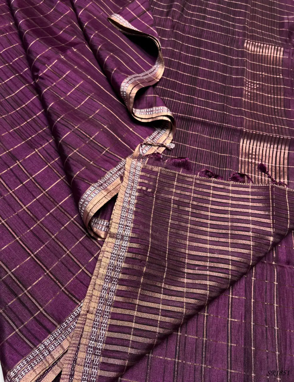 Magenta - Checks Tussar Silk Saree -