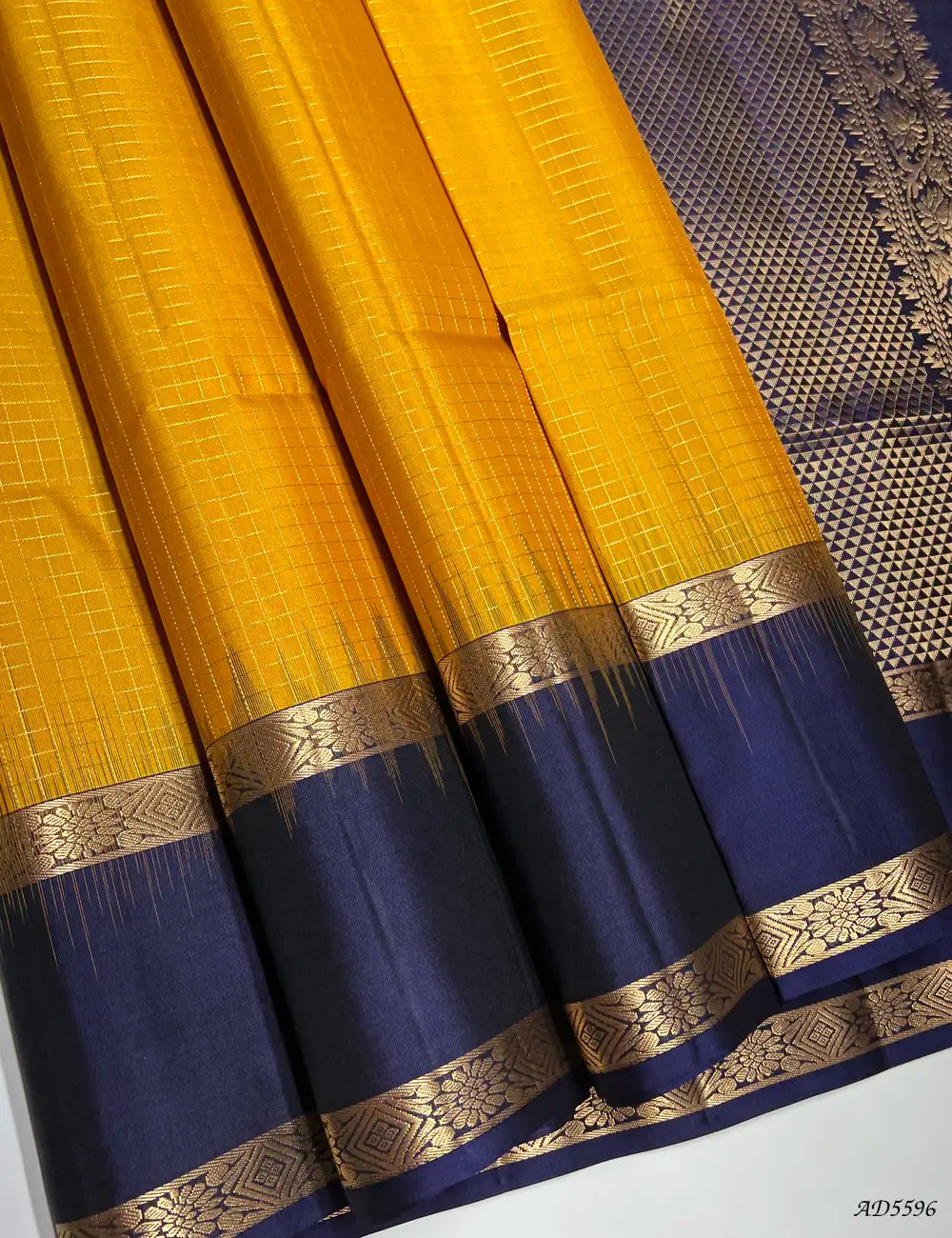 Mango Yellow & Ink Blue - Checkerd Retta Pet Soft Silk Saree Front View