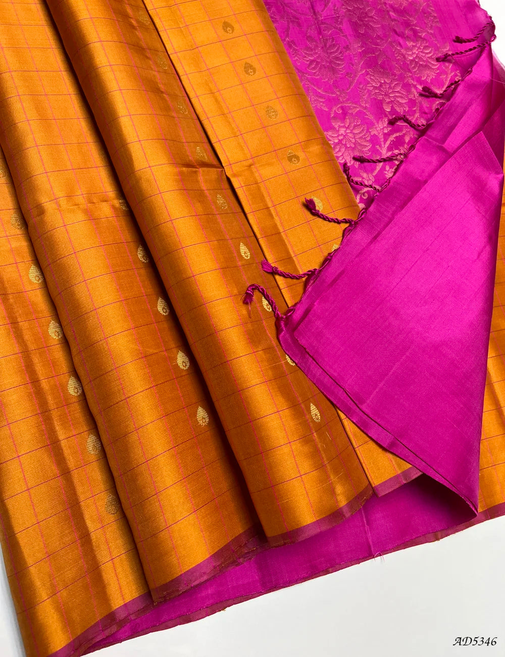 Mango Yellow & Pink -  Checkered Soft Silk Saree Pallu View