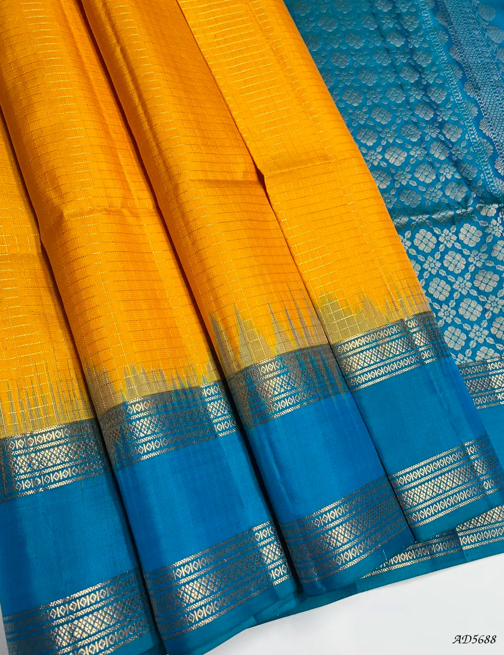 Mango Yellow & Rama Blue -  Checkerd Retta Pet Border Soft Silk Saree Front View