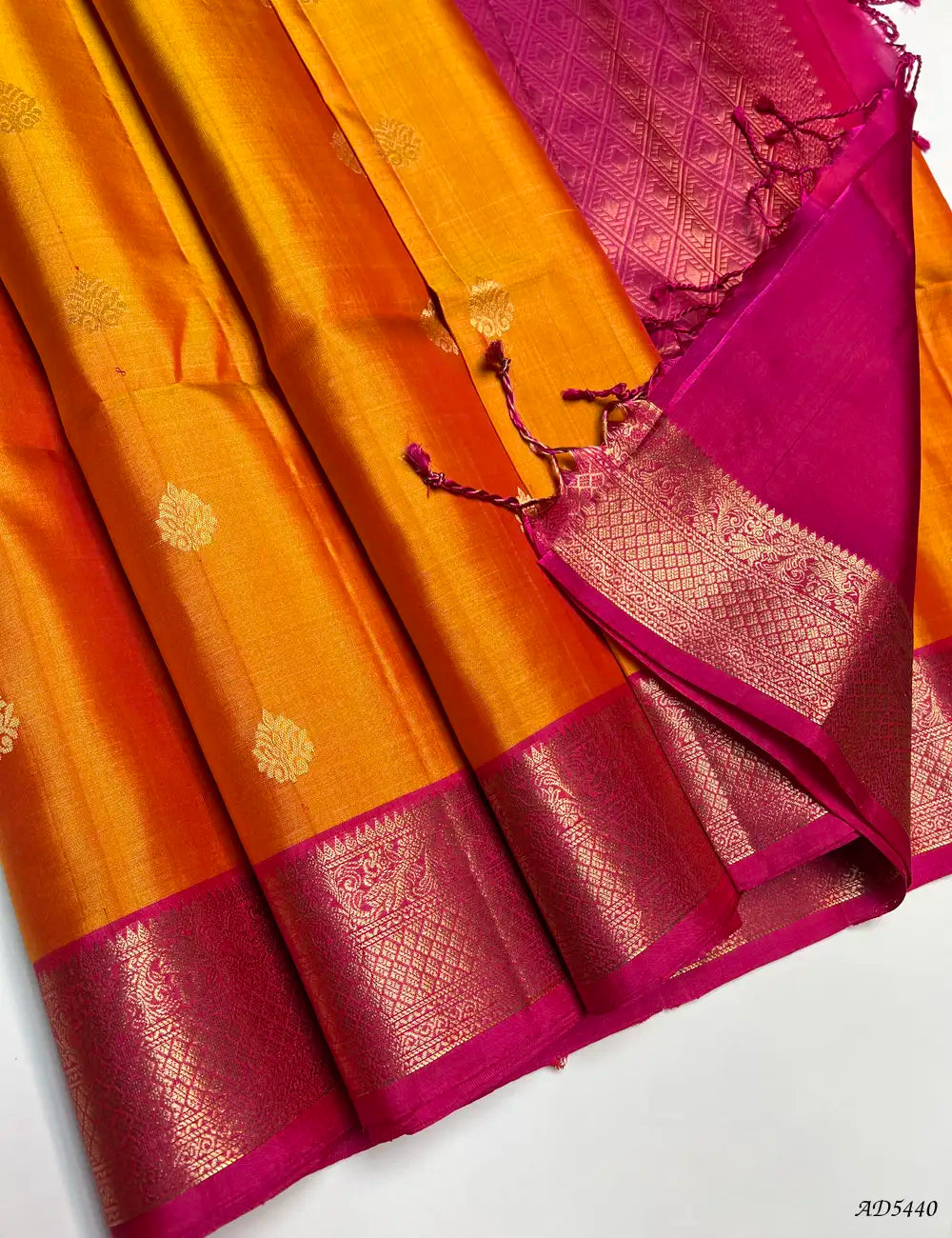 Mango Yellow & Rani Pink - Kanchi Border Soft Silk Saree Front View