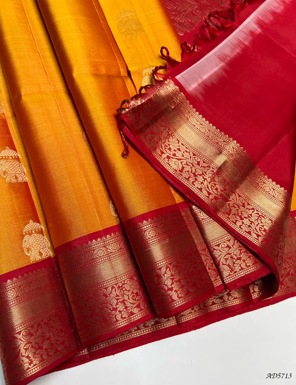Mango Yellow & REd - Kanchi Border Soft Silk Saree Pallu View