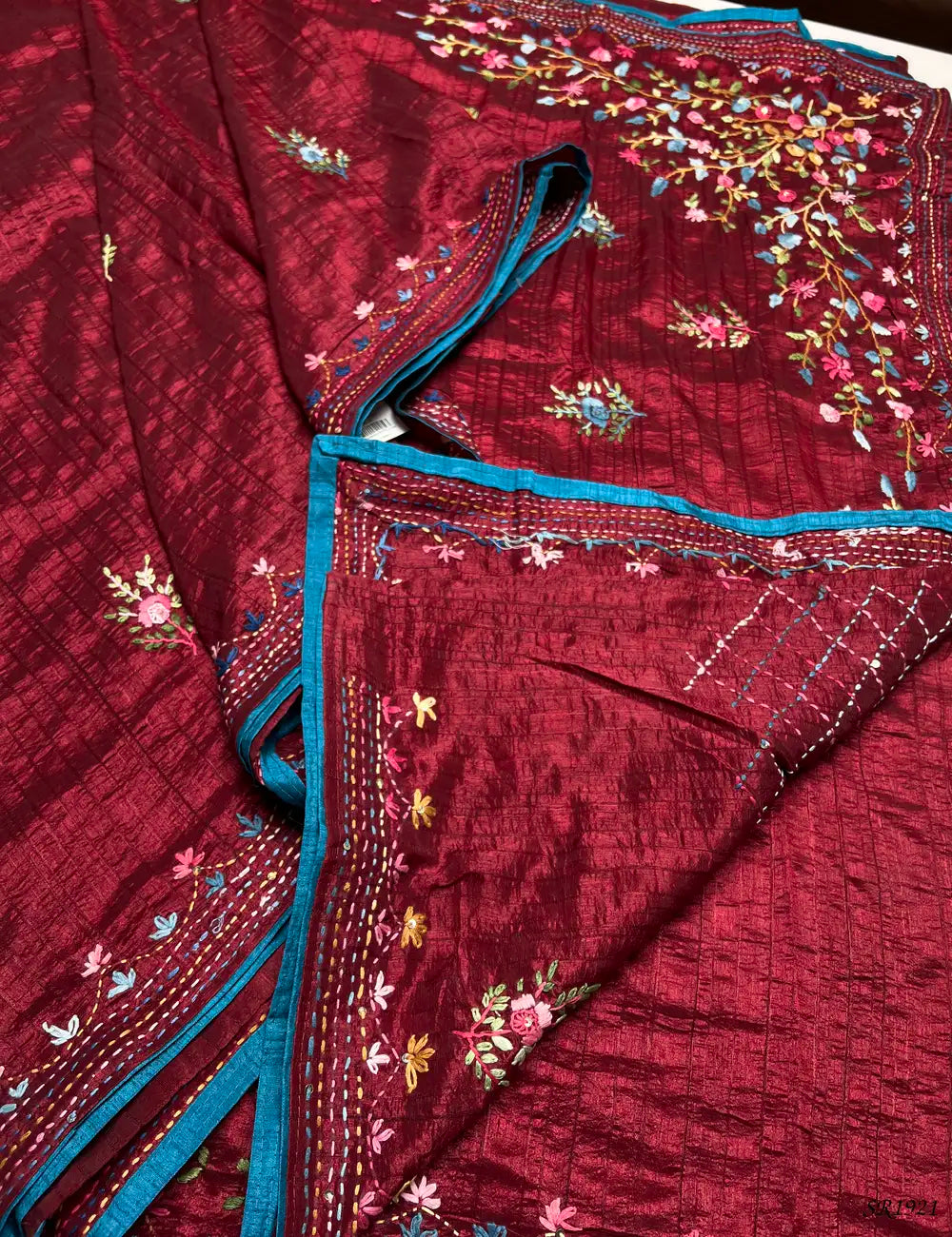Maroon - Fancy Kantha Stitch Saree -