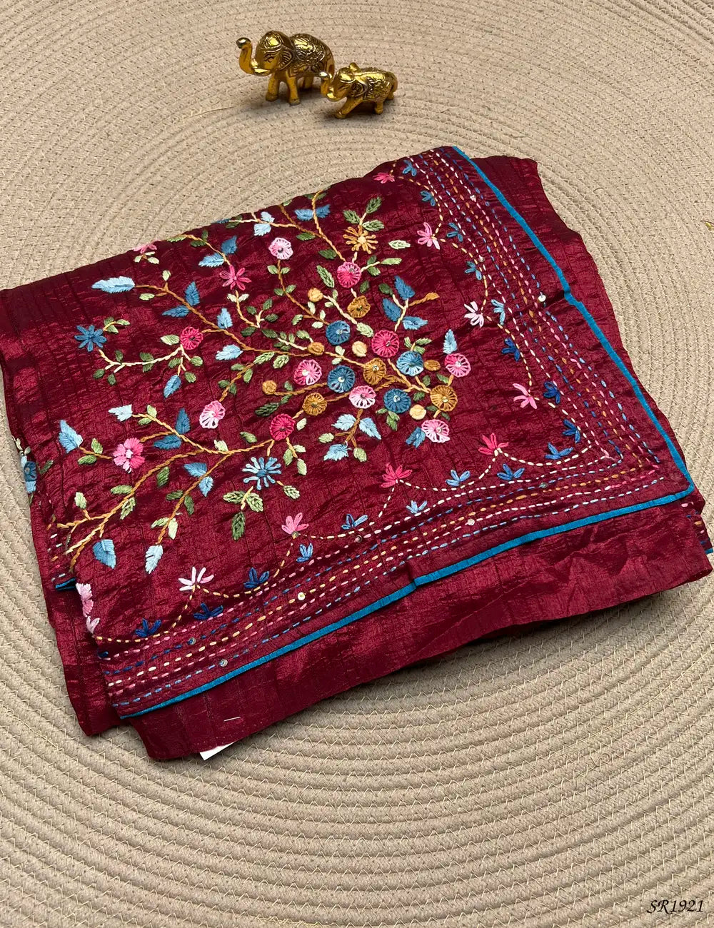 Maroon - Fancy Kantha Stitch Saree Front View