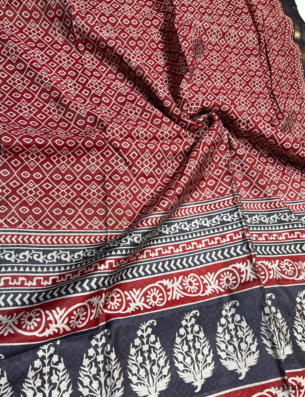 Maroon & Ink Blue - Chanderi Saree Front View