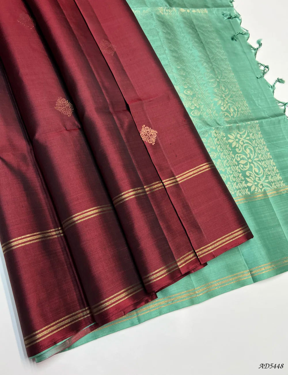 Maroon & Mint Green - Soft Silk Saree Front View