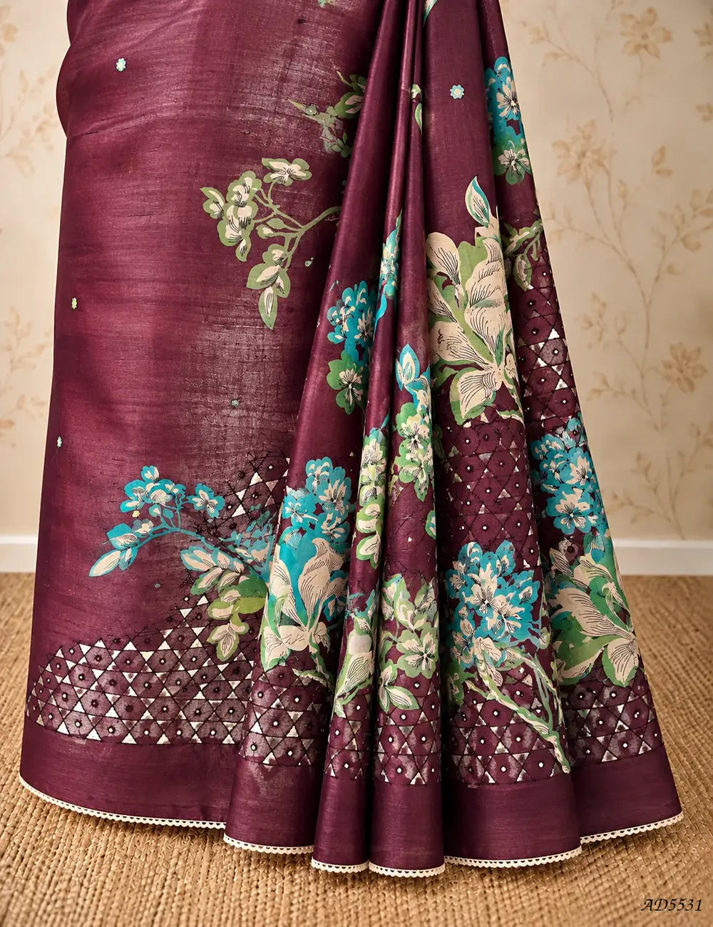 Maroon - Pure Tussar With Fancy Cutwork Saree -