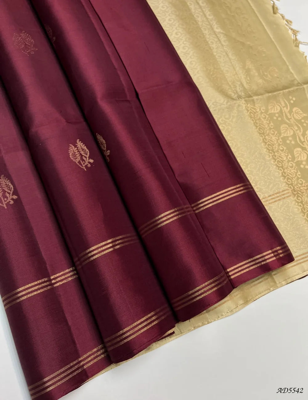 Maroon & Sandal - Soft Silk Saree Front View
