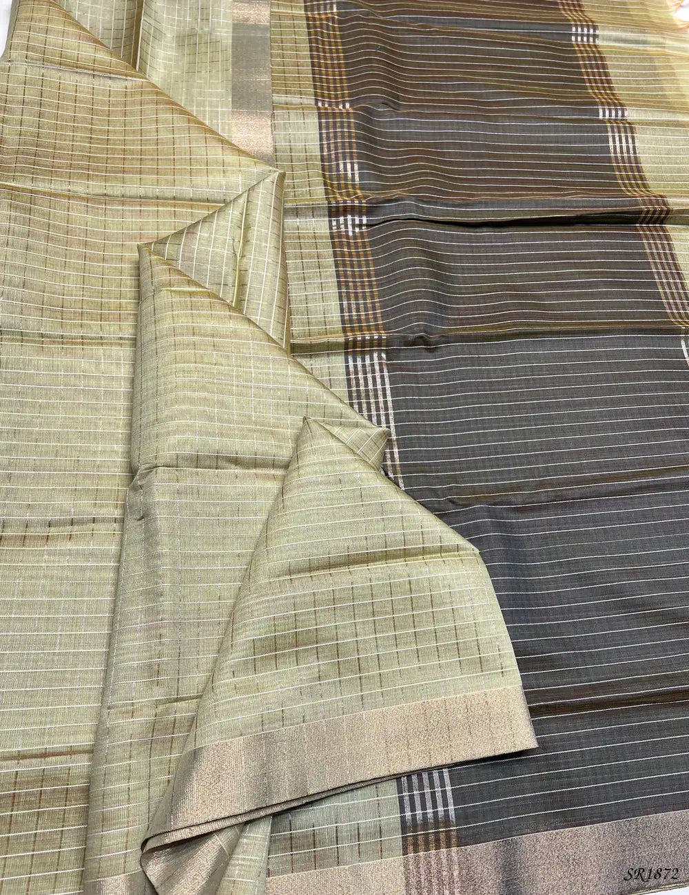Mint Green & Dark Olive Green - Fancy Semi Tussar Saree Front View