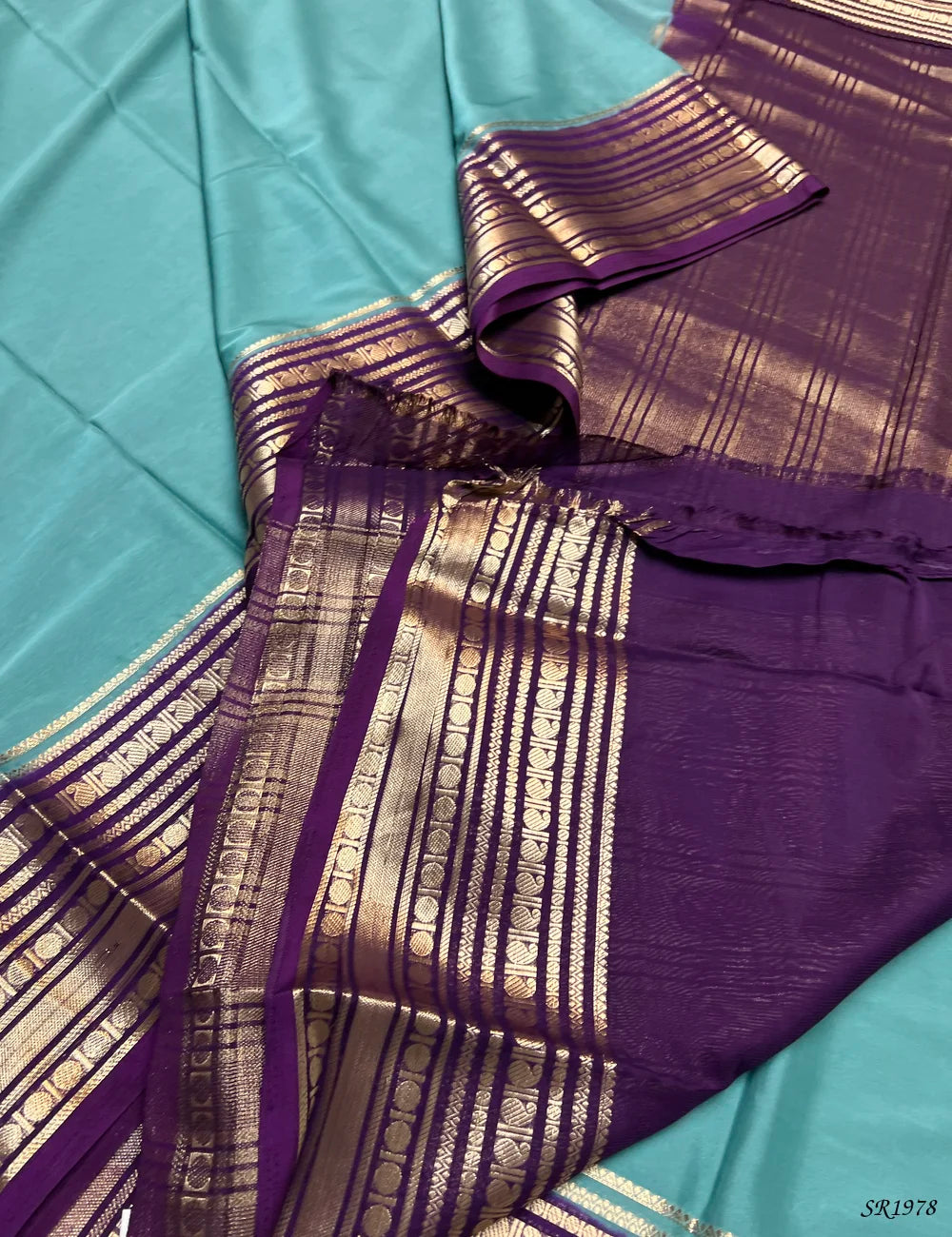 Mint Green & Purple - Mysore Crepe Saree -