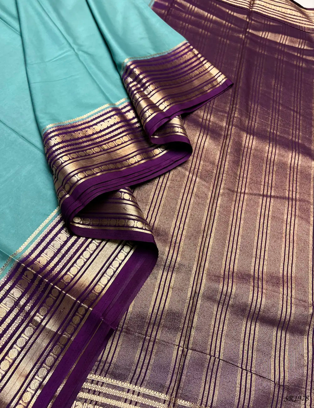 Mint Green & Purple - Mysore Crepe Saree Pallu View
