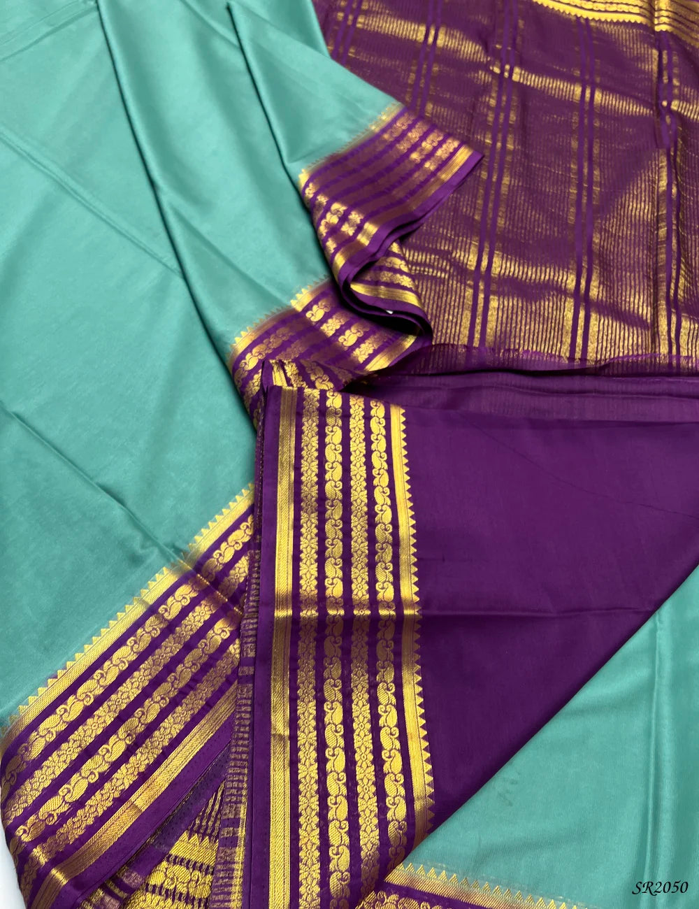 Mint Green & Purple - Mysore Crepe Saree -