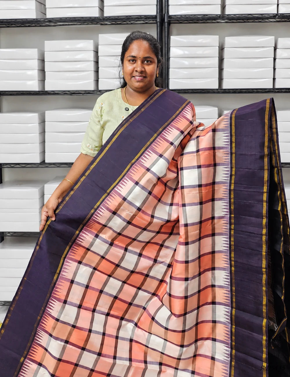 Multicolor Burberry Checks Kajeevaram Saree Front View