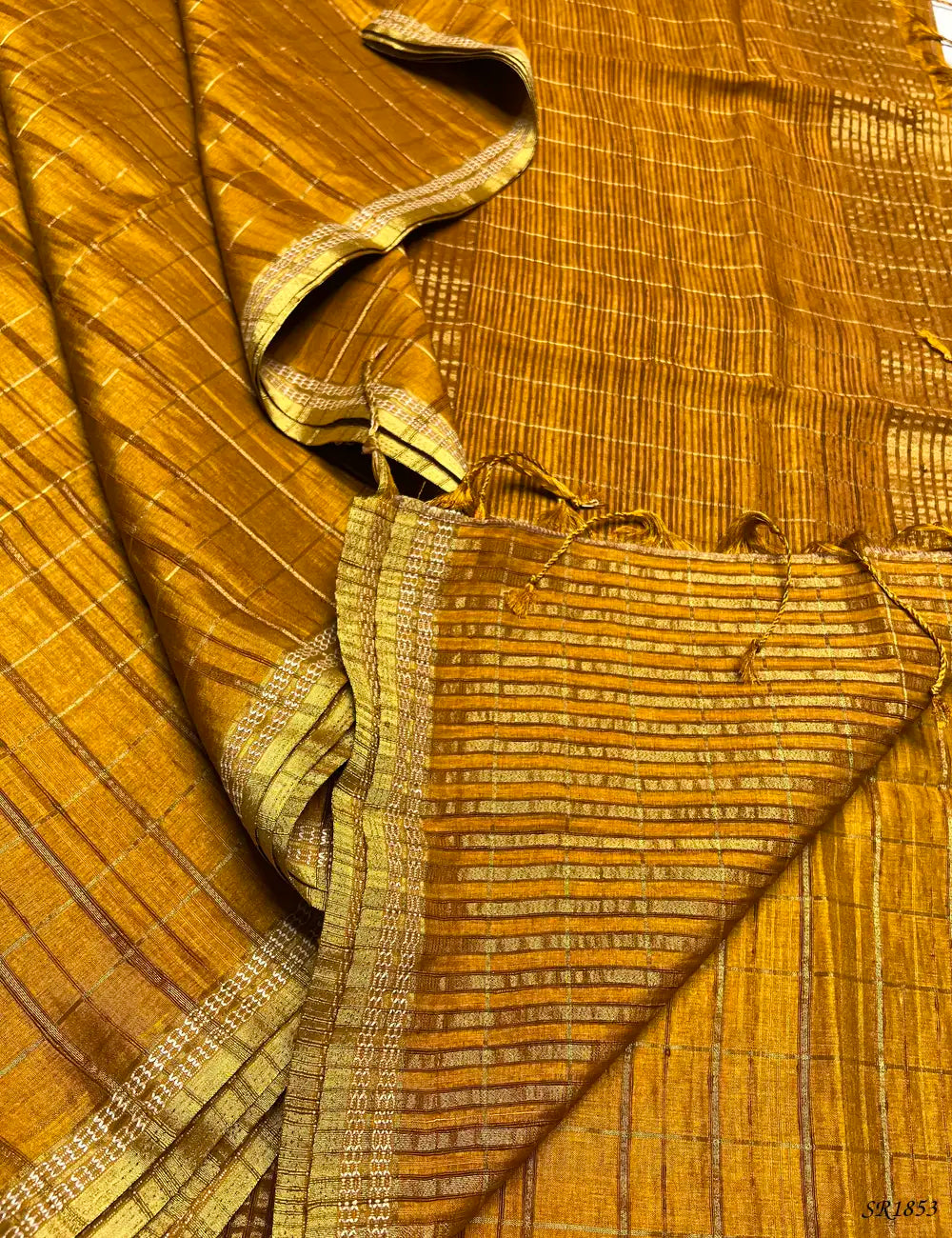 Mustard - Checks Tussar Silk Saree -