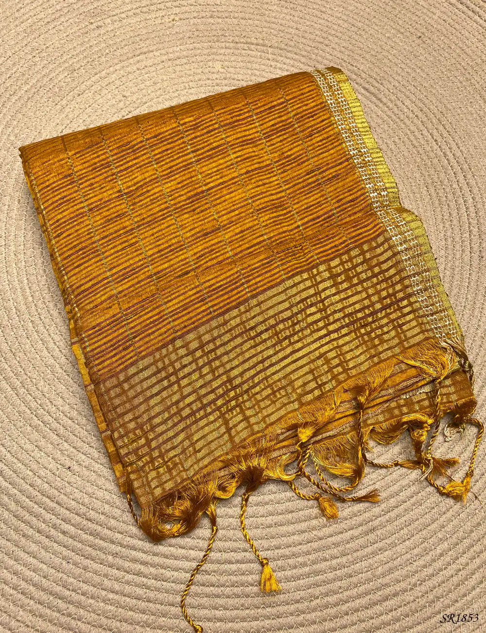 Mustard - Checks Tussar Silk Saree Front View