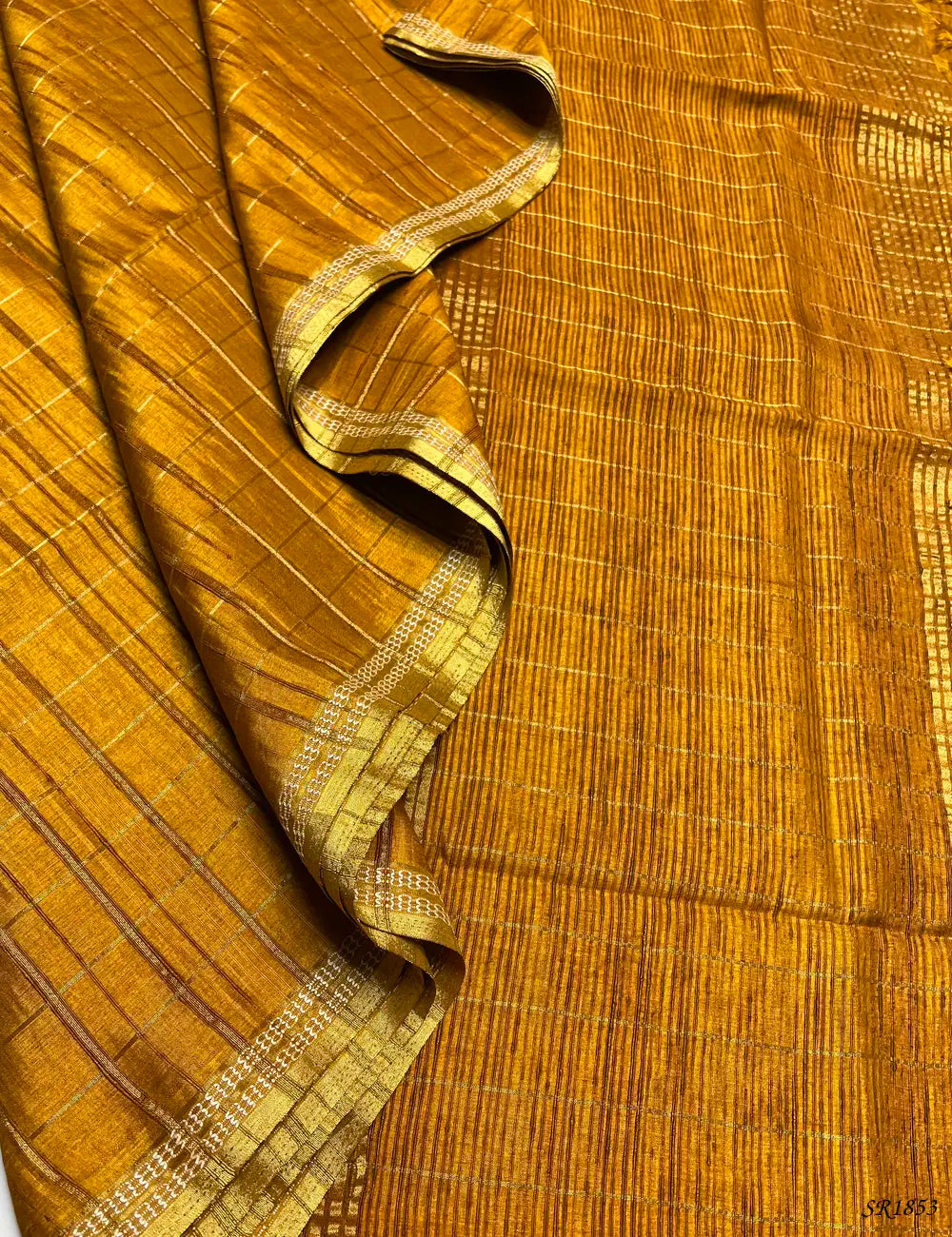 Mustard - Checks Tussar Silk Saree Pallu View