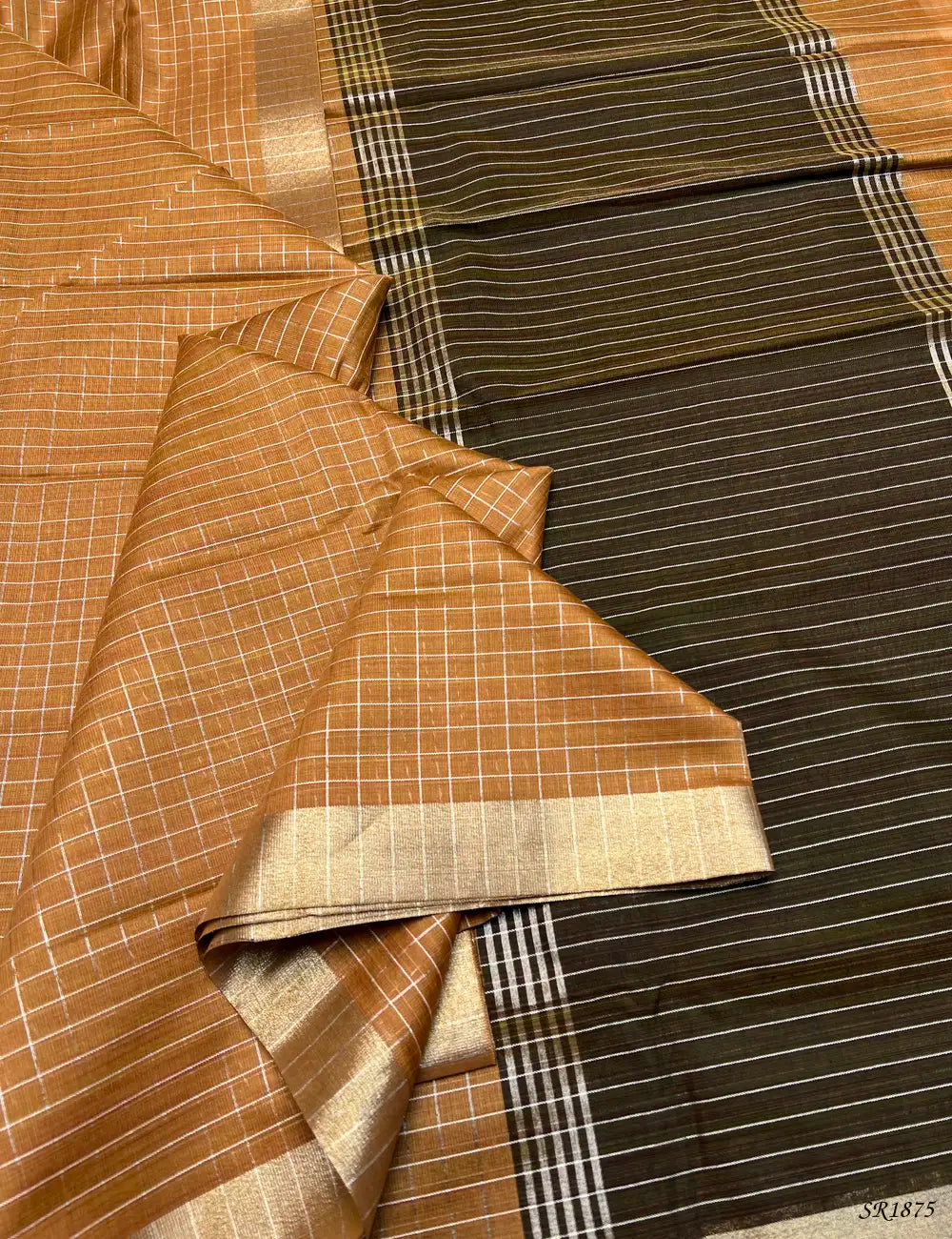 Mustard & Dark Green - Fancy Semi Tussar Saree Front View