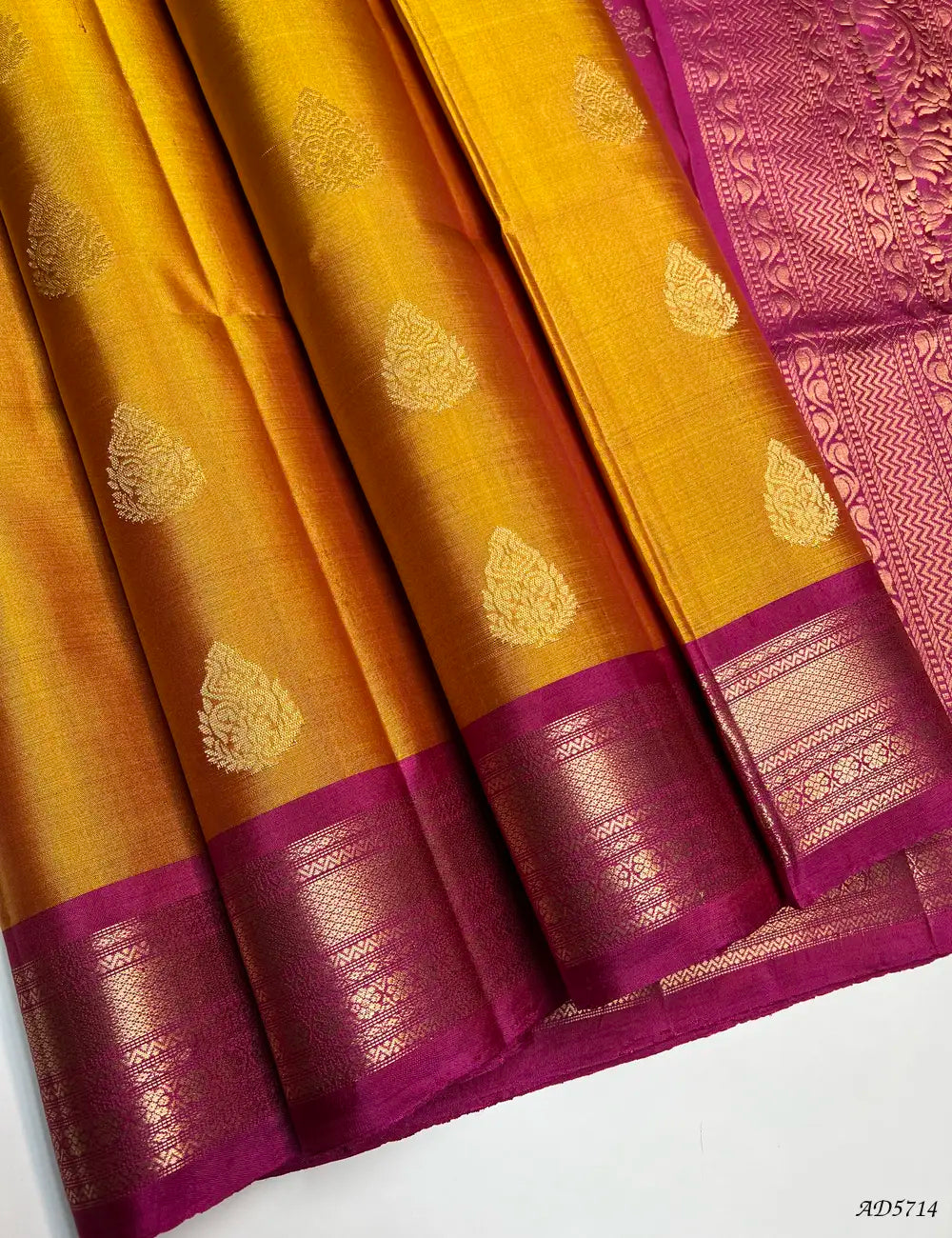 Mustard & Rani Pink - Kanchi Border Soft Silk Saree Front View