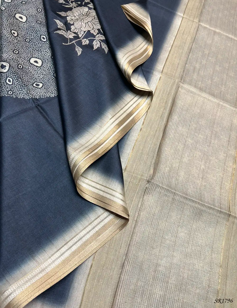 Navy Blue & Beige - Semi Tussar Sarees Front View